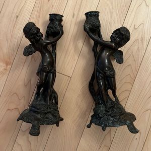 Vintage Bronze Angel Candle Holders Set of 2, heavy solid pieces